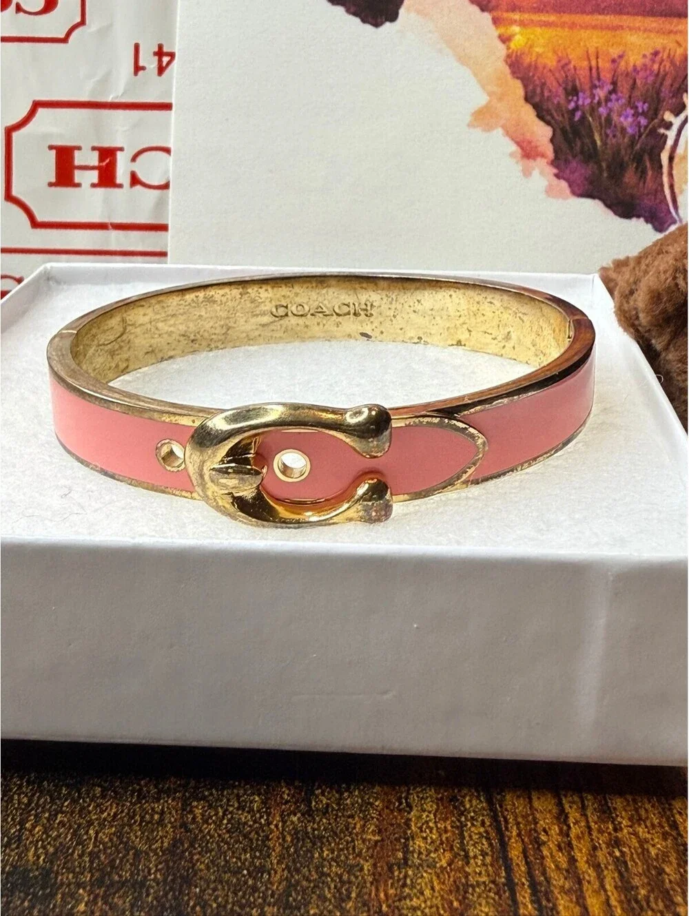 Coach Enamel Hinge Buckle Bangle Bracelet Pink Gold Tone NWT
